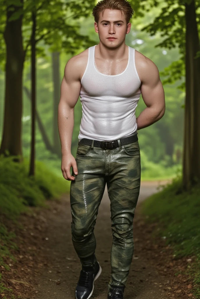 Man with pure white clothes standing in the sunny forest, American Roundhead, Buzz Cut, tall and burly, muscular male hero, heroic male pose, muscular! wearing sunglasses, Skins brand white spandex tights with high elasticity, super winning and cool, high resolution committee, character design police, tennis, Charismatic strong men with high elasticity spandex tights, Sunlight shining through the gaps in the forest