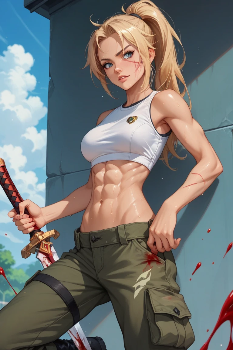 breathtaking core_9,score_8_up,score_7_up,score_6_up,score_5_up,score_4_up BREAK source_anime,A beautiful and stunning 21yo girl with perfect round breasts standing and looking down on the viewers crotch her mouth is slightly open creating a seductive and playful look. Her groin exposed from the side making a perfect composition to her litte round ass she is exposing and leaning forward. Her right hand is covering her crotch covering just the slit and the left arm is covering her breasts. There are vivid details around her with falling leaves,blonde hair,solo,small ass,visible groin,Volumetric Lighting,green eyes,earrings,armlet,navel piercing,full_shot,from_side,long ponytail,detailed skin,little nose,figures,low light,colorful,naughty,playful,open button on pants,<lora:Kuroboshi pony sdxl_lora:1.3>,looking_at_viewer,covered nipples,scythe, . award-winning, professional, highly detailed