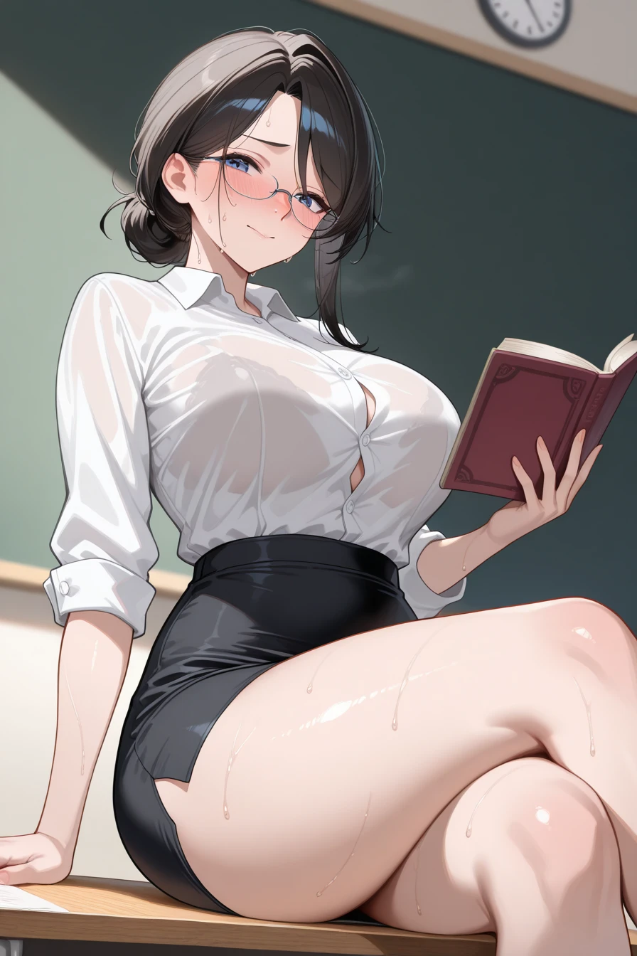 (masterpiece, best quality, highly detailed, ultra detailed, high resolution, absurdres, 4K, 8K:1.2), (official art, incredibly fine illustration, extremely detailed CG, detailed background, professional lighting, dynamic angle, perfect hands, detailed shiny skin, detailed hair, detailed eyes), 1woman, milf, mature woman, long wavy hair, glasses, library, business suit, White shirt, slit skirt, micro skirt, black stockings, garter belt, Black hair, Shiny hair, Shiny skin, cleavage, (((lifted skirt)), (Big ass), (Thick), (Fear expression), Be red in the face, Young little man butt touching woman from behind 1,(((The young man pressed his chest against Woman 1's back))) and (((Hold her waist behind you))), stack of books,