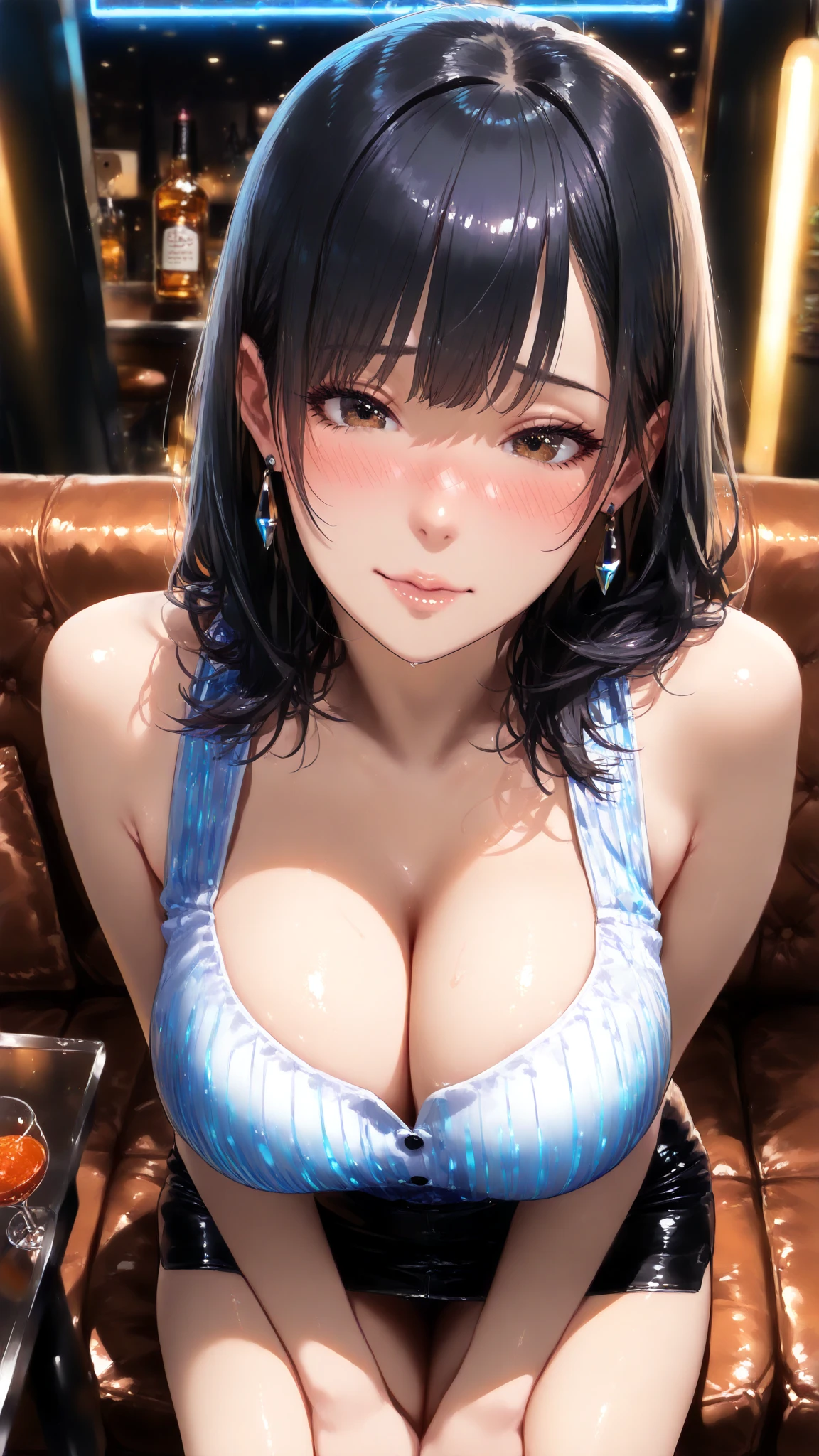 (Masterpiece, BestQuality:1.3), (ultra detailed:1.2), (hyperrealistic:1.3), (RAW photo:1.2), High detail RAW color photo, professional photograph, (Photorealistic:1.4), (realistic:1.4), professional lighting, perfect anatomy, (Big Breasts:1.2), (blush, detailed face), (cheerful Smile:1.5), Trending Hair&Trending Hairカラーをランダムに, earrings, necklace, bracelet, sexly, erotic sexly, Random sexy gravure poses, (Sexy beauty in a tight black dress、Enjoying cocktails at a bar at night、Straight long hair、A seductive smile、Leaning on the counter。: 1.3)