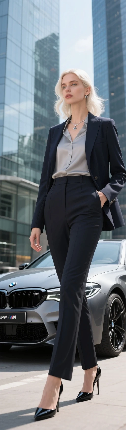 the prettiest face of a 19 year old actress, perfect proportions of female body, blazer is worn on shirt, seeable vagina of female crotch between legs, only pantyhose is worn on lower body, in the city, nsfw, best quality, highly detailed, masterpiece, ultra high res, photo realistic, 8k