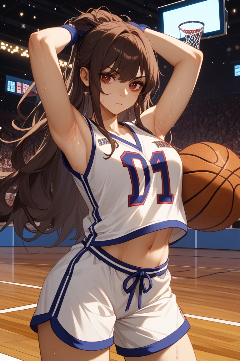 Estilo anime, 1 chica, pose sexy, muslos gruesos, tetas, nalgas, white background, chizuru mizuhara, (((Uniformes de baloncesto))), (((mojado con sudor))),Se puede ver un sujetador desde el costado del uniforme, pelo de caballo
