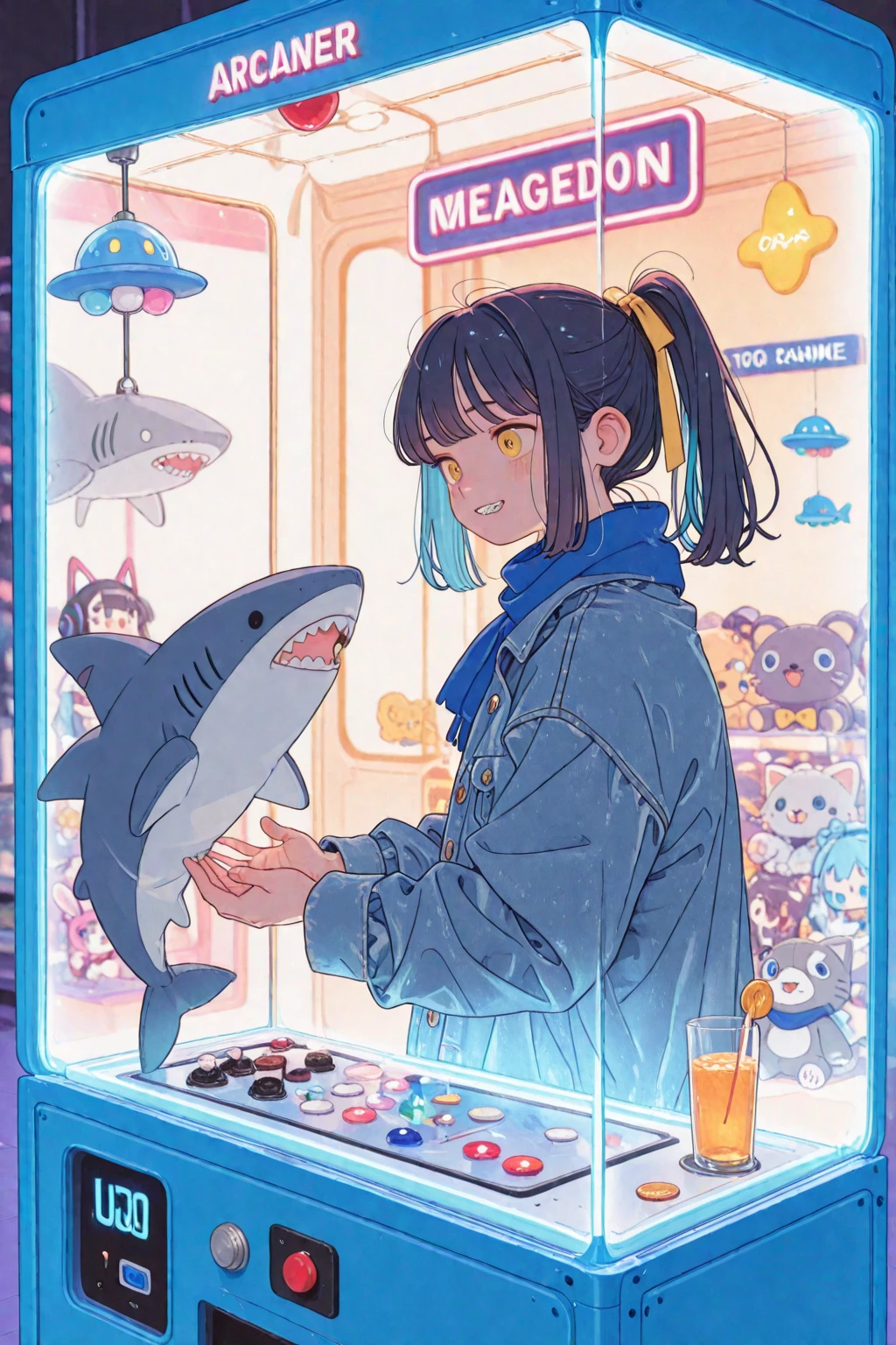 a cute girl shark, trapped inside a UFO catcher machine, being caught by the UFO, panicking and flailing her arms and legs