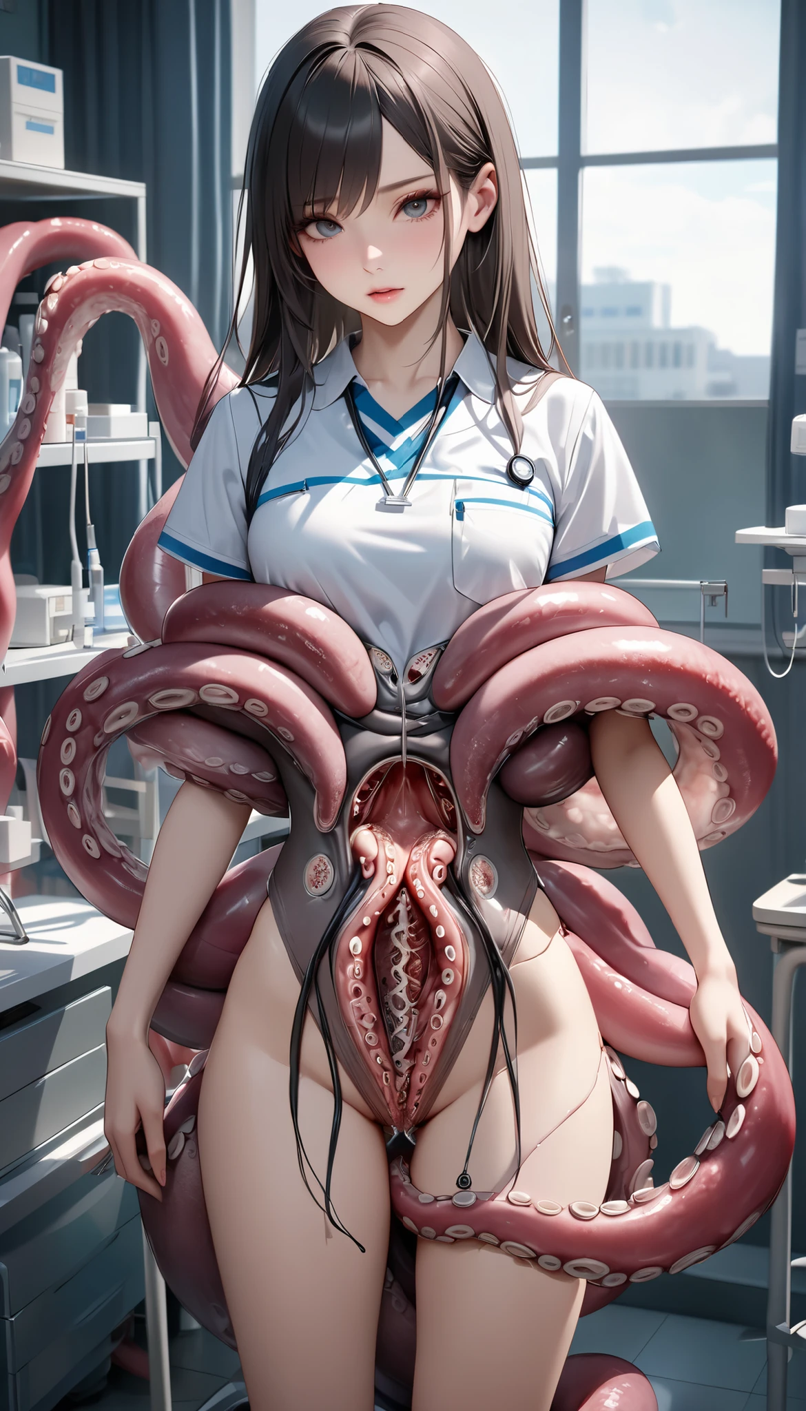 (masterpiece), best quality,The woman is happy,expressive eyes, perfect face,Beautiful scientist woman,incredibly beautiful eyes,straight long orange hair,green top dress,deep neckline,an open robe,big breasts,short small shoes,in the laboratory,next to a big cute creature with very much tentacles made of orange slime tentacle,a creature wraps orange slime around a woman's legs,score_8_up,score_9,in laboratory, Standing on his feet,tentacles of orange slime wrap around the girl's legs,small heels,tentacles on legs,mucus on brests,ultra detailed eyes,soft skin,tentacles tied up the woman,tentacles with orange mucus on breasts,legs,hands,orange mucus on breasts, white robe