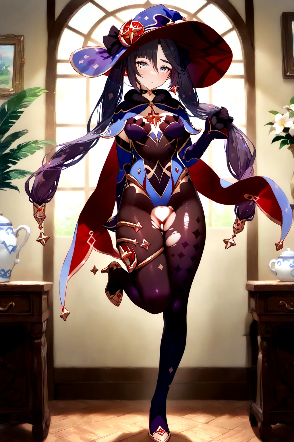 Mona, (Smaller breasts), nedium breasts, Masterpiece, Best quality, Ultra-detailed, Beautiful lighting, bangs, (Stand with one foot in front of the other,both hands on hip), (angle of view:1.1), (Smile:0.9),a sexy pose,hip is cocked,gigantic ass