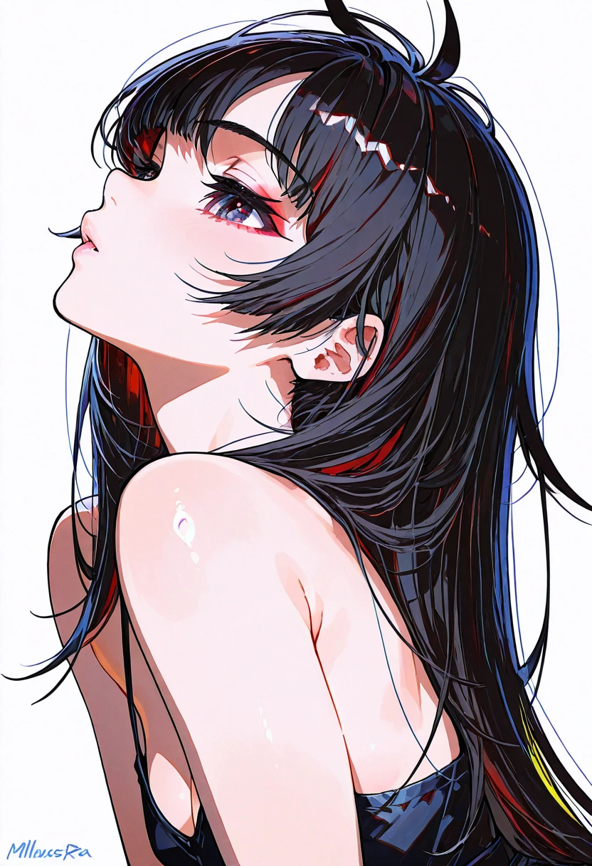 masterpiece, best quality, female, gradient_eyes, gradient_hair, black_hair, multicolored_hair, pink_eyes, multicolored_eyes, long_hair, partially_colored, dots of color, painted, spilled_paint_\(medium\), color inside circles, outside of circles (greyscale:0.2), (greyscale with colored background:0.2), splashes on drawing, splashes of color, (abstract:0.69, (abstract_background:0.9), painting_\(object\), painting_\(medium)\), splash_art, hair turning into paint, smear, paint_smear, face made of paint, body made of paint, nude, large_breasts