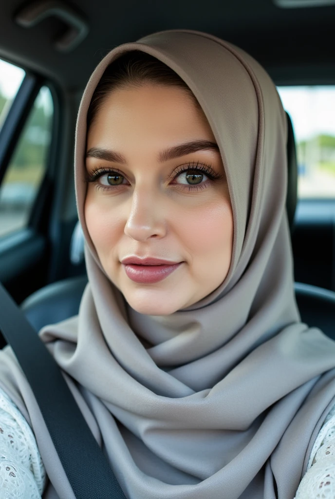 Woman in pink hijab in car with plump lips and big eyes looking at camera while camera is inside car and she is not smiling