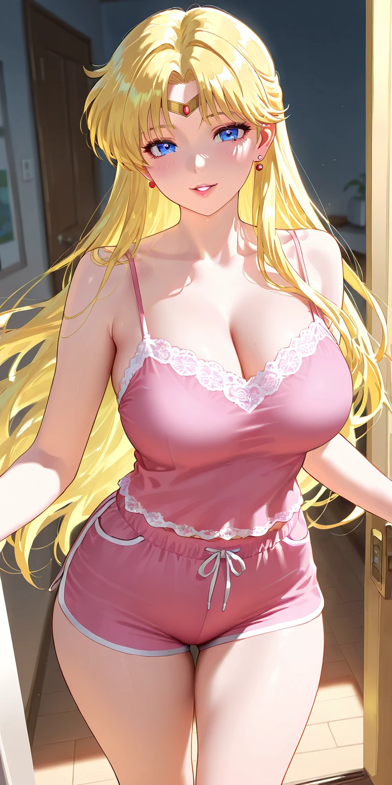 masterpiece,best quality,highres,ultra-detailed,bbminami,long hair,large breasts,ahoge,earrings,necklace,dress,pink dress,shirt,bare shoulders,shorts,<lora:fuyuki_minami:0.8>,indoors,bed,sitting,wariza,smile,(blush:1.2),