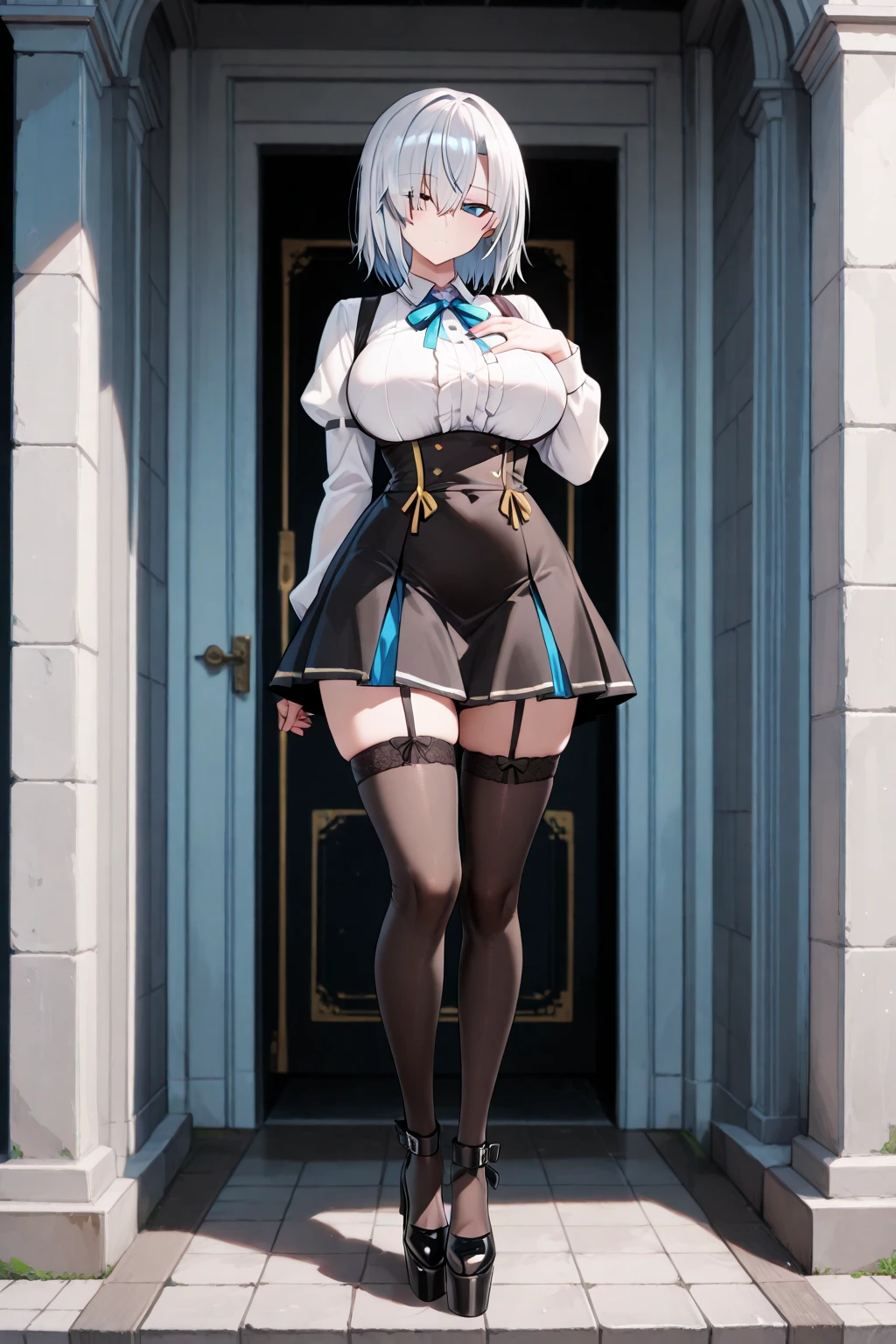 2b, 2b, (Black blindfold:1.5), black hairband, Blindfold, shairband, Short hair, White hair, (Covered eyes:1.7),Blake Black Skirt, black thighhighs, long boots, cleavage cutout, Clothes Cutout, shairband, high-heels, Long sleeves, robot, side slits, Skirt, Thigh boots, thighs thighs thighs thighs,BREAK looking at viewer, Full body,BREAK outdoors,BREAK (masutepiece:1.2), Best Quality, High resolution, Unity 8k Wallpaper, (Illustration:0.8), (Beautiful detailed eyes:1.6), extra detailed face, Perfect Lighting, extremely details CG, (Perfect hands, Perfect ???????),、(Skirt lift:1.3), (White panty:1.3)、(Skirt that rolls up:1.3)、(Fully exposed panties:1.5)