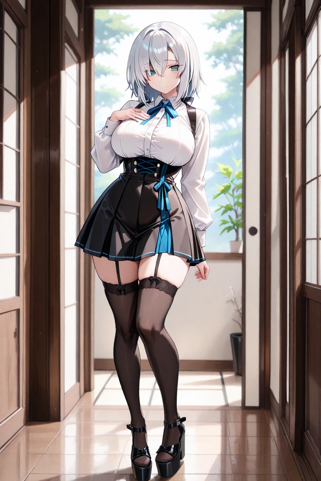 high quality, Awards, High resolution, 8K、turtleneck sweater、sweater with open chest、(Self panty shot 1.2),((Skirt lift 1.2))、Panties are visible、mini skirt、boots、bob hair、pantyhose