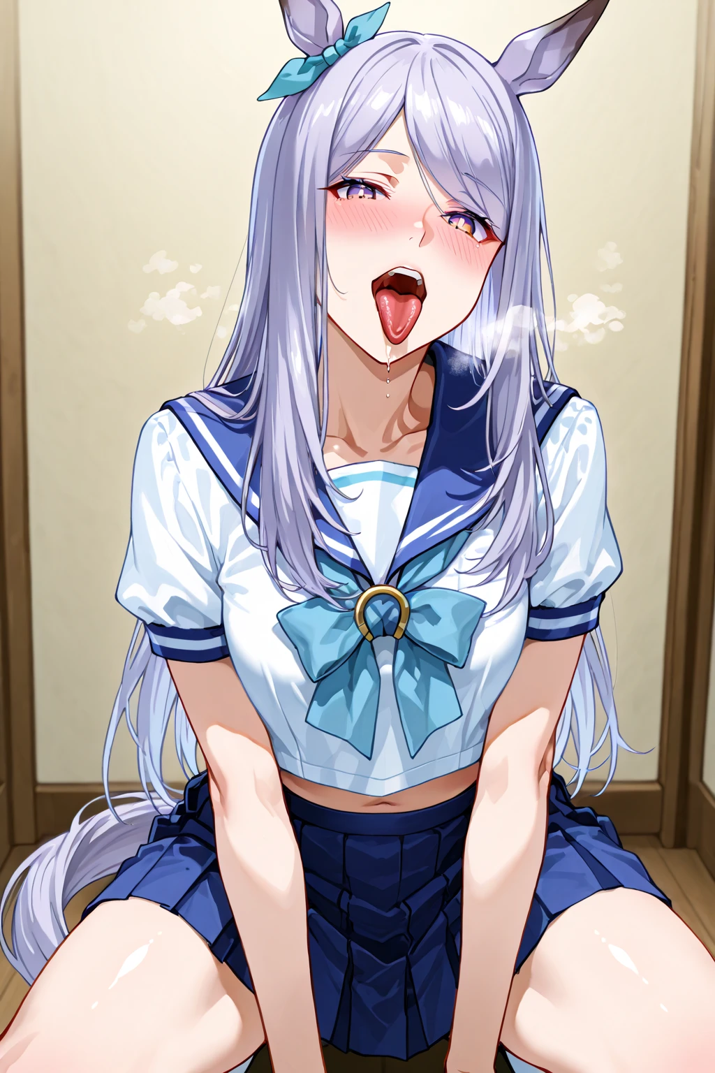A 15-year-old Japanese super beautiful young lady with white hair in a bun, wearing a super shiny blue raincoat and long-sleeved sailor uniform. A pussy covered in white slime and pubic hair is forced open She was raped by the doctor and had sex in the missionary position while crying
