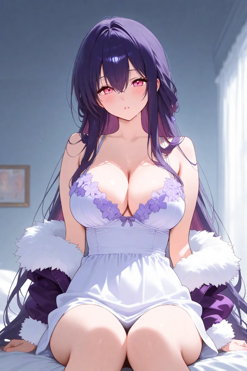 Wolf Girl, Large Breasts, Voluminous, messy purple hair, masterpiece , Red eyes, hd, Head to Chest, Put in your chest、 tooth、Double teeth,, On the bed、Thick thighs、Grinning、White sleeveless sweater、Big Tits