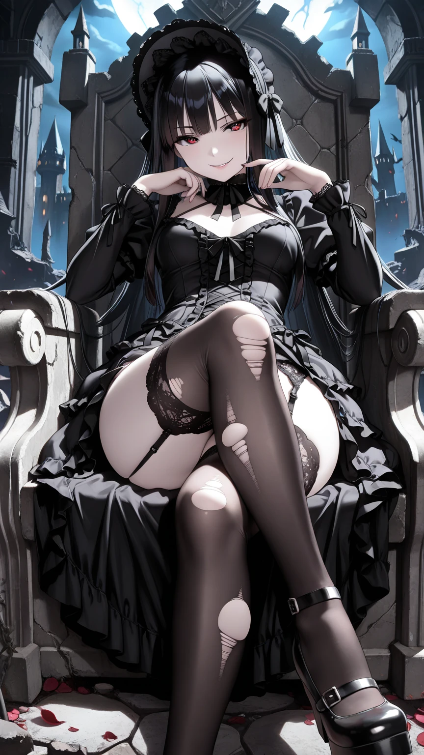 (best quality,4k,8k,highres,masterpiece:1.2),ultra-detailed,(realistic,photorealistic,photo-realistic:1.37),ebony goth goddess,sexy outfit,long dark hair,lustrous black lips,pale skin,goddess-like figure,radiating confidence and power,intense gaze,mystical aura,dark and mysterious background,moonlit night,ethereal lighting,gothic fashion,leather corset,fishnet stockings,platform boots,dramatic makeup and accessories,pentagram pendant,Victorian-inspired lace details,chains and spikes,creative pose,striking and provocative,femme fatale,embodying sensuality and elegance