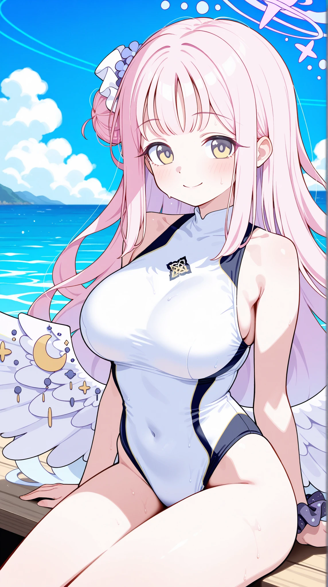 a 1girl、Bright、Feng Emu pink hair、Star motif、multicoloured hair、Blue eyes、Sareme、Mask on the head、Sidelight、Particles of light、wallpapers、Big Boobs、voluptuous Idol、bswimsuit、Loose fluffy、quiet