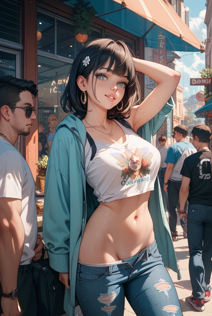 (best quality: 1.2), clean face, (masterpiece: 1.2, 8k) perfect anatomy, 1girl,a beautiful fashion model ,(masterpiece, official art, best quality ,long and shiny hair, blue hair with streaks in hair, long hair, full lips, slender body, slim body big breasts, looking at viewer, revealing outfit, absurdity, intricate details, dynamic pose, club, , wearing short shorts and a tight white top, cleavage, torn clothes, thong straps,  ponytail, sunglasses, celebrity