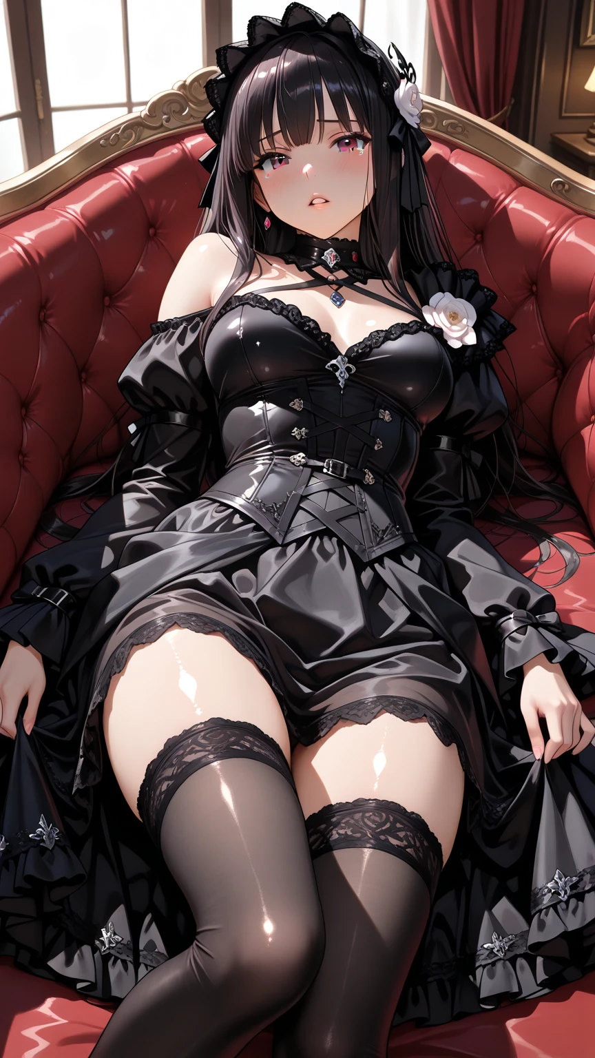 1Woman milf “"Giant breasts" + "large rear" + "wide hips" + " tiny waist" + "plump thighs" + "black eyes" + "Black eyeliner" + (("neutral expression")) + "Longcurly black color Hair" + "Red Lips" + "Lucious Lips"”)}, {“Outfit”: Black Gothic Lolita style dress, black shoes, gothic accessories, Gothic black makeup}).