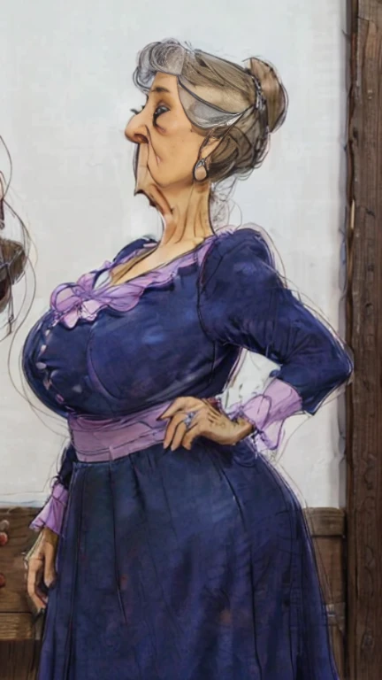 (pechos enormes:1.8),Busty old woman in ropa de mucama standing in front of window, ropa de mucama, Hermosa criada tetona madura, finos detalles,oppai, Pechos enormes expuestos,una sonrisa