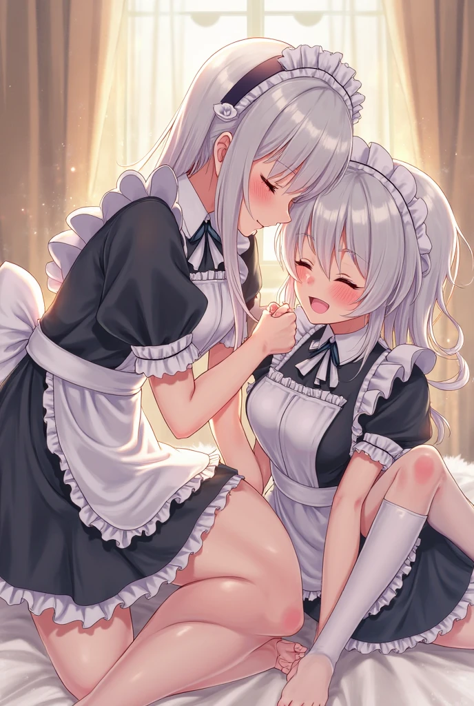 highest quality、masterpiece、((2 girls:1.5))、((smile:1.3))、(blush:1.4)、Black Shirt、blouse、((fun!!))、(Small breasts)、(Pink)、Blonde、(Long sleeve)、((White apron:1.5))、((Maid))、((hair ornaments)),、Kamimei、look at me、 ((in house:1.5))、 Taking a break from watching the audience、Cowboy Shot、((Shaved:1.5))、(Roll-up skirt:1.3)、(Fully exposed and highly detailed labia:1.5)、((Skirt lift:1.5)),()、()、、(スカート that rolls up:1.3)、()、Light blue eyes、long hair、Glowing Eyes