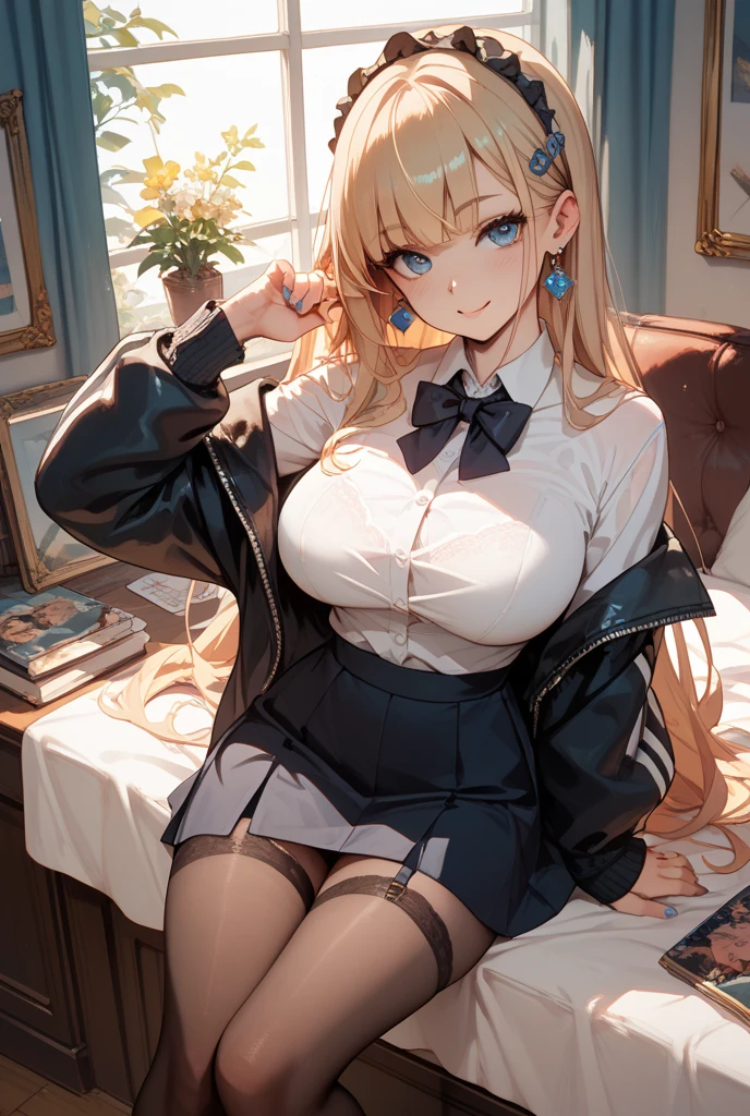((Highest quality)), ((masterpiece)), (detailed), high school girl,White blouse,sexy,Blonde,Sexy outfit ,Red miniskirt