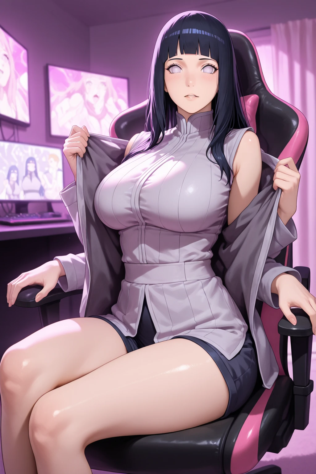 1lady sitting on theater seat, leaning back, /(knitted shirt/) /(high-waist long skirt/), mature female, /(光沢のある蛍光ピンクのグロスリップ) bangs, blush kind smile, (masterpiece best quality:1.3) delicate illustration ultra-detailed, large breasts arms down BREAK /(theater indoors/) dark room、Jin (MTSP)'s Tachibana Kyouka