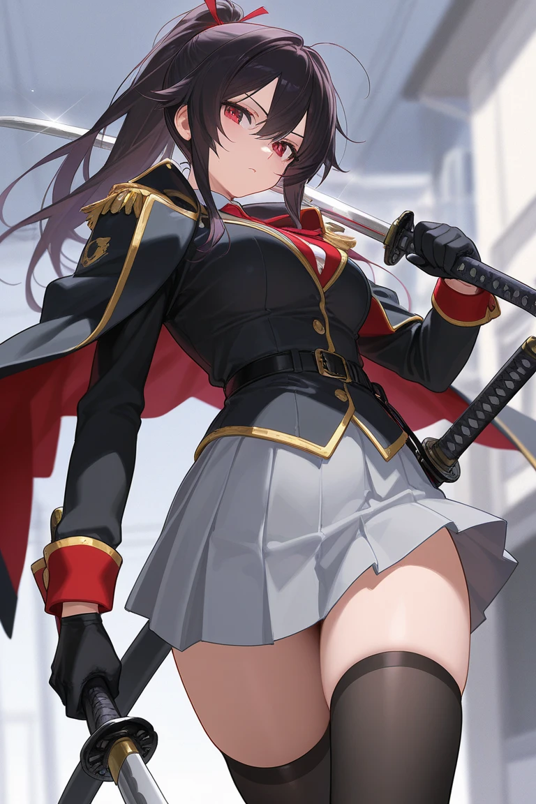 8k, best quality, masterpiece, highly detailed, semi realistic, 1 girl, 20 years old, dark blue long hair, high ponytail, bangs, purple pupils, silver white armor, white fluffy skirt, silver iron boots, red white fluffy brimmed cloak, wielding sword, knight, coronation ceremony，War, flames, bloodstains，Lily, petal rain，banner, blunt bangs,  hinata/(boruto/), from front