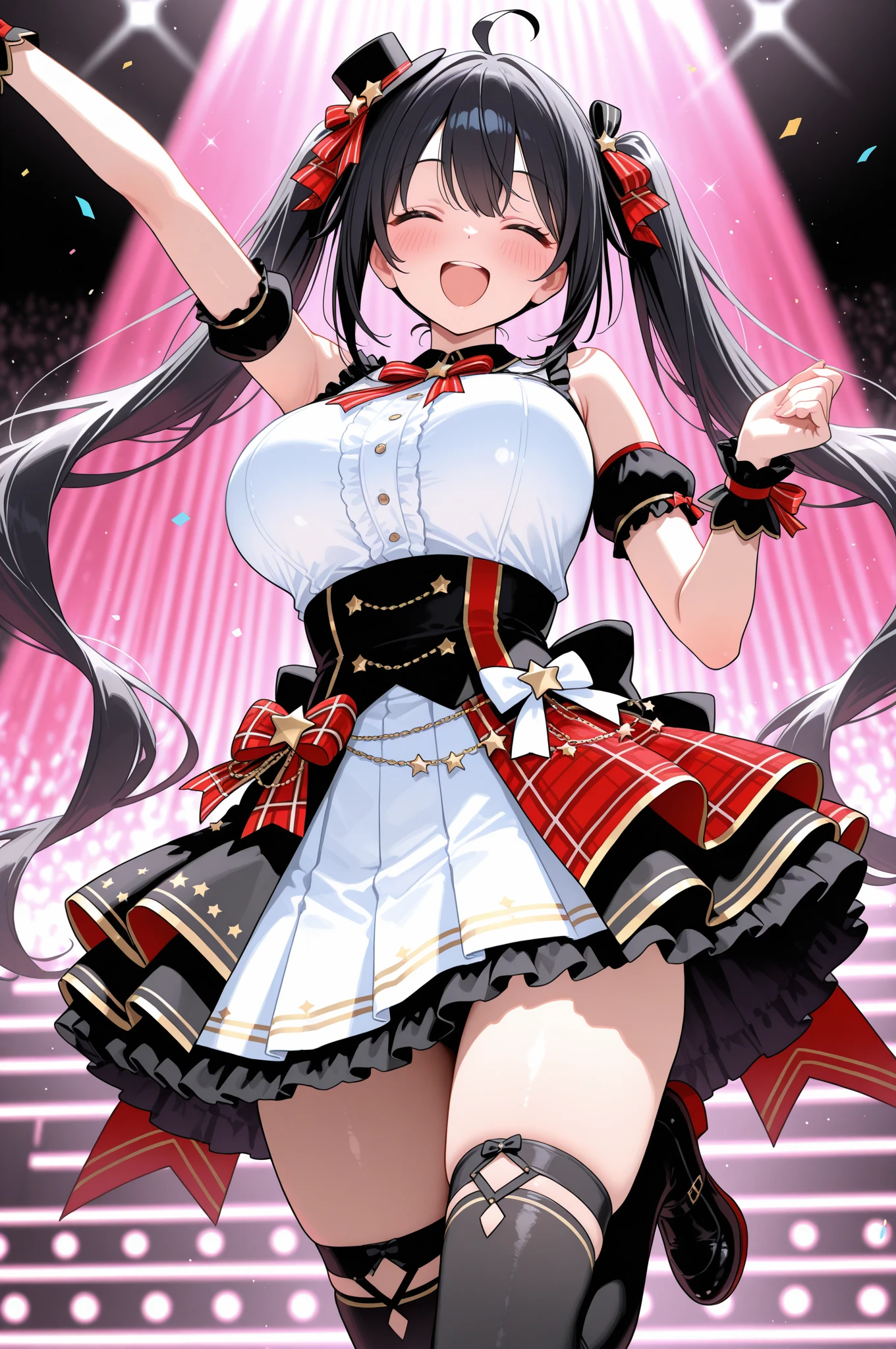 green eyes, long hair, black hair,,, large breasts, live stage, solo,　crying