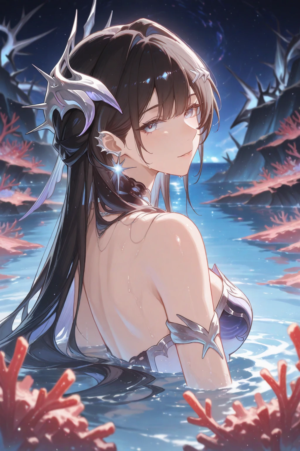 (black hair, long hair:1.3), yukinoshita yukino, curvy, ((anatomically correct:1.3)), heavy breathing, huge breasts, epic art, fantasy, breast press, solo, thighhighs, bare_shoulders, dress, purple_legwear, cleavage, nail_polish, gloves, katana, looking_at_viewer, strapless, blurry, collarbone, black_dress, elbow_gloves, strapless_dress, water, (shaded face:1.2), hollow eyes, grey eyes, looking at viewer, (heavy breathing:1.2), smirk, upper teeth, glaring eyes, simple background,