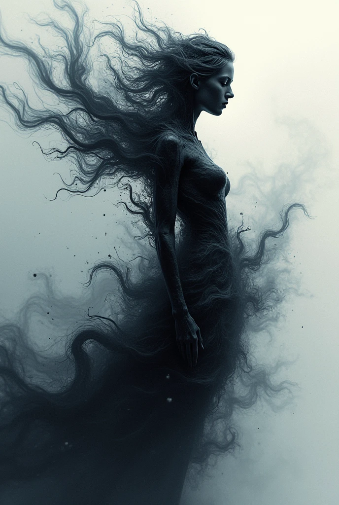 Дымчатый арт, девочка, smoky девочка, gray dark silhouette of a девочка floats in the space between the top and bottom and represents a smooth transition between a white background and a smoky silhouette of a девочка, gray smoke descends and forms a silhouette of a девочка, gray smoke in the form of a silhouette of a девочка connects the top and bottom, дымчатое психоделическое искусство, победитель международного конкурса дымной живописи