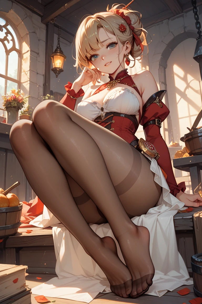 (Girl1),(alone:1.5),(Full Body Portrait Facing Fourth ParwdFull Body Portrait Facing Fourth Wall:1.5) ,**Himiko Toga** is a young woman of medium height with light blonde hair, tied into two messy buns. His eyes are bright yellow, with a mischievous expression and a characteristic smile.(Wearing),+,(A sexy erotic dress in the shape of a Christmas cupcake (midi dress) with the body of the dress molded to feminine curves and a deep neckline that reveals the breasts; vibrant red main color with gold thread details in the shape of icing and stars; fine lace around the waist and back of the dress; short skirt that ends above the kneecap, showing off long and seductive legs; red transparent knee-high socks with a waistband; red high-heeled shoes with gold thread details; hair tied with red bows; sensual makeup with red pencils and dark mascara; Sensual pose with hand on hip and seductive look.")