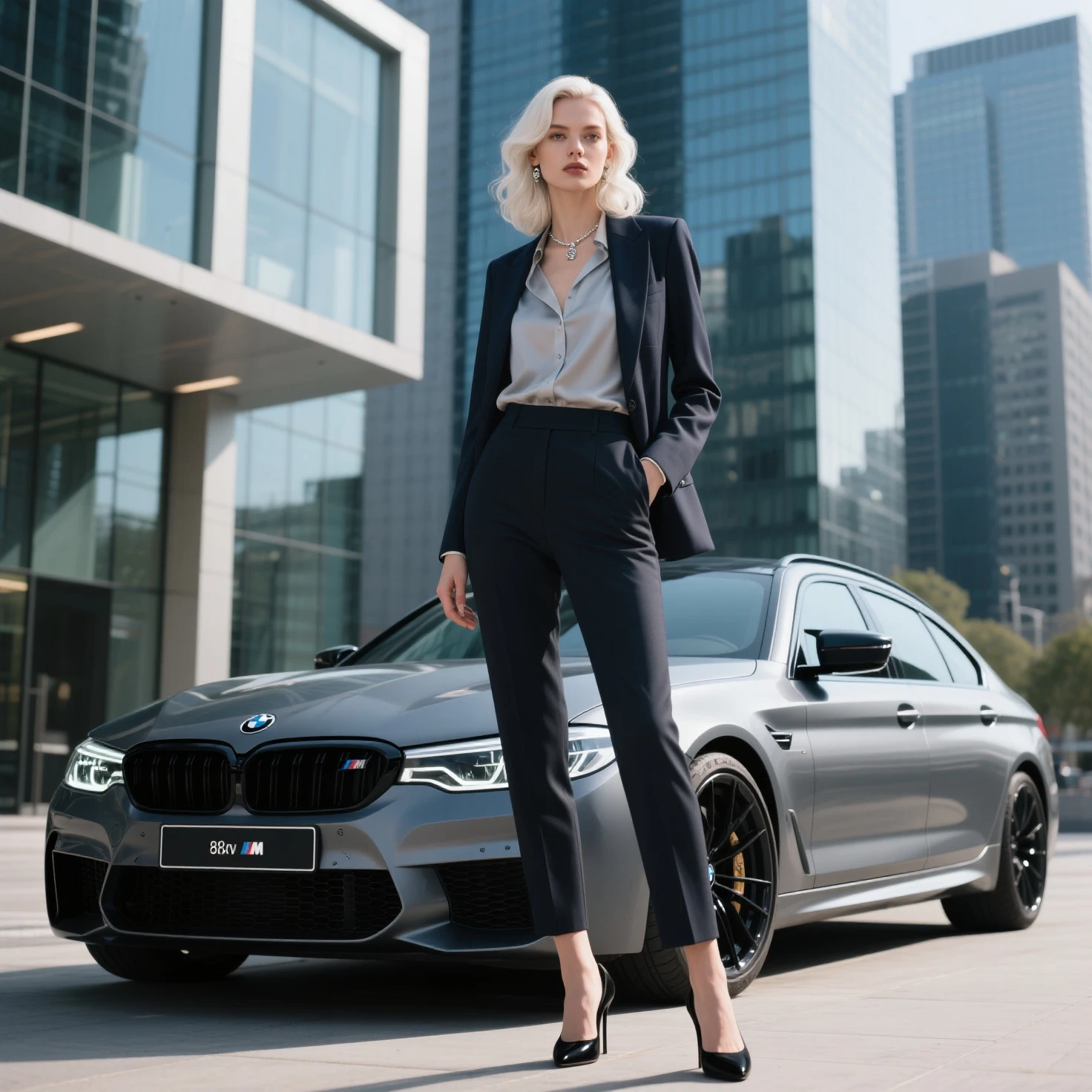 A sleek and confident woman representing BMW, dressed in stylish attire, standing next to a powerful BMW M5. The background showcases a modern urban environment, with tall buildings and dynamic city life --auto --s2