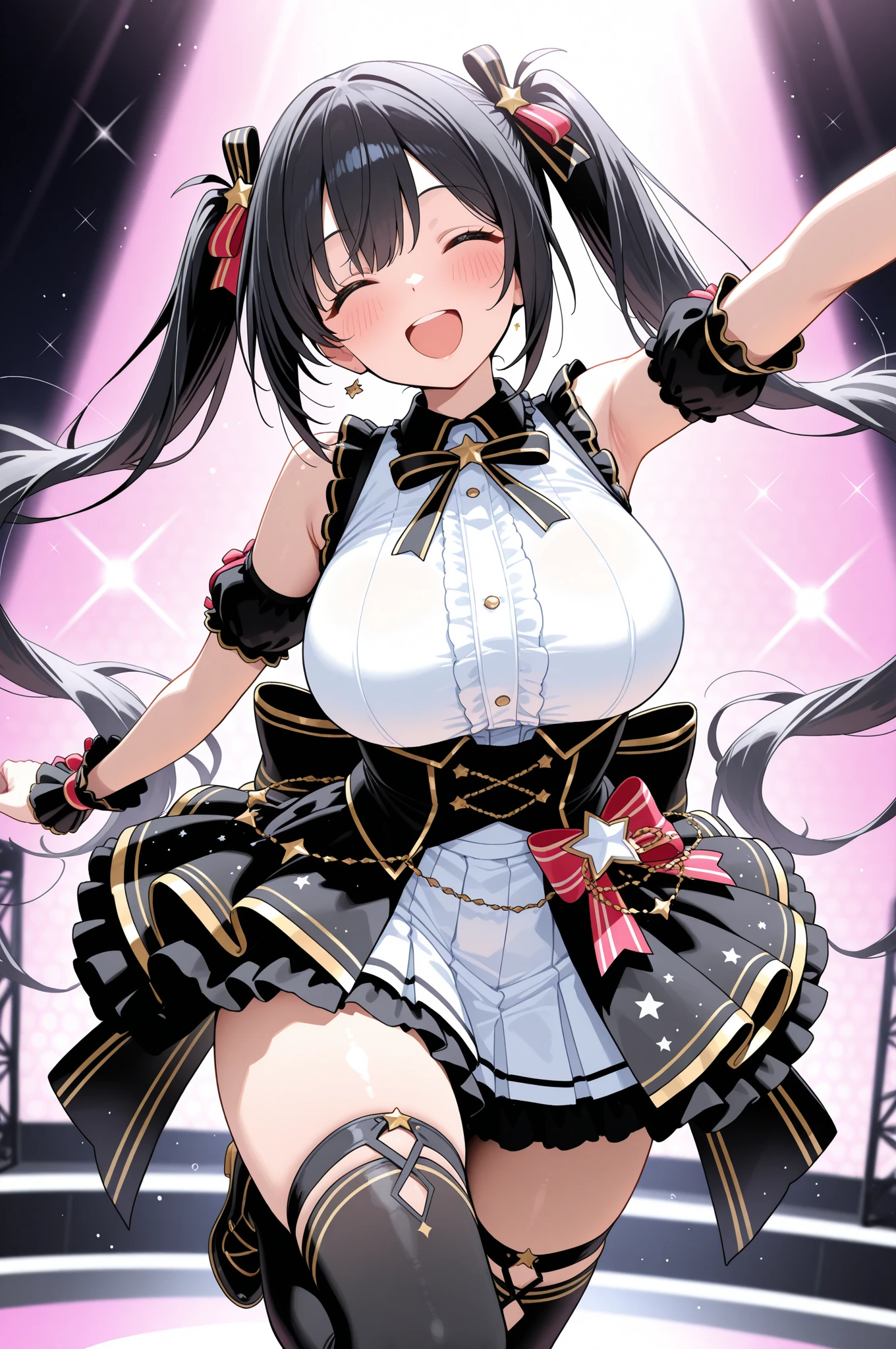black hair, long hair, Purple eyes,,, large breasts, live stage, solo nipple
