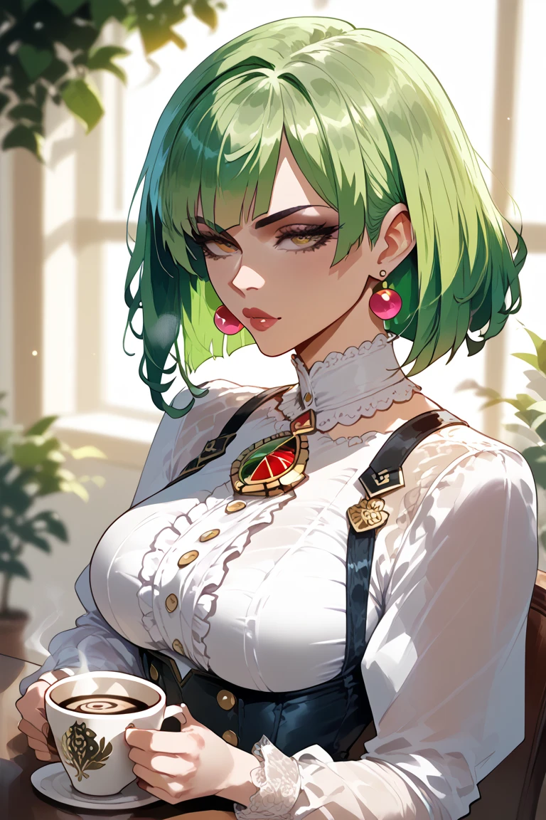 ((Melhor qualidade)), ((obra de arte)), (detalhado), mulher com cabelo verde, segurando uma espada, (Artgerm inspirado:1.2), (vencedor do concurso pixiv:1.1), (deusa polvo:1.3), (Frenetic art style:1.2), retrato em close, caveira de deusa, (Senna de League of Legends:1.1), (Tatsumaki com cabelo verde cacheado:1.2), card game illustration, pincel grosso, Papel de parede de anime HD, (Akali de League of Legends:1.1), 8k resolution mc donalds attendant