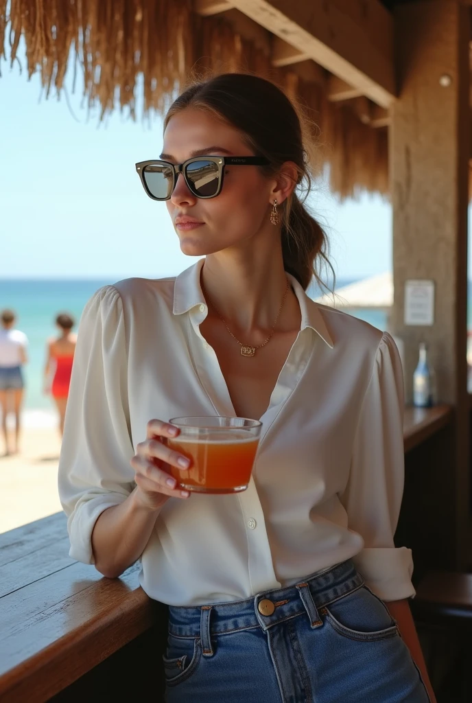 photo of (K4thr1n3P4rk01:0.99),a beautiful woman, closeup zoomed in tight crop portrait, sitting at a (table on a beach bar drinks cocktails:1.2) wearing a (sexy wrap top:1.3), necklace, hoop earrings, (drinks on table:1.3), (Lighting-Gold:1.2), foreground objects , background details, (masterpiece:1.2), (photorealistic:1.2), (bokeh:1.2), (best quality), (color grading), (detailed skin:1.3), (intricate), (8k) ,(HDR), (cinematic lighting:1.3) ,(sharp focus), (golden hour:1.1),
