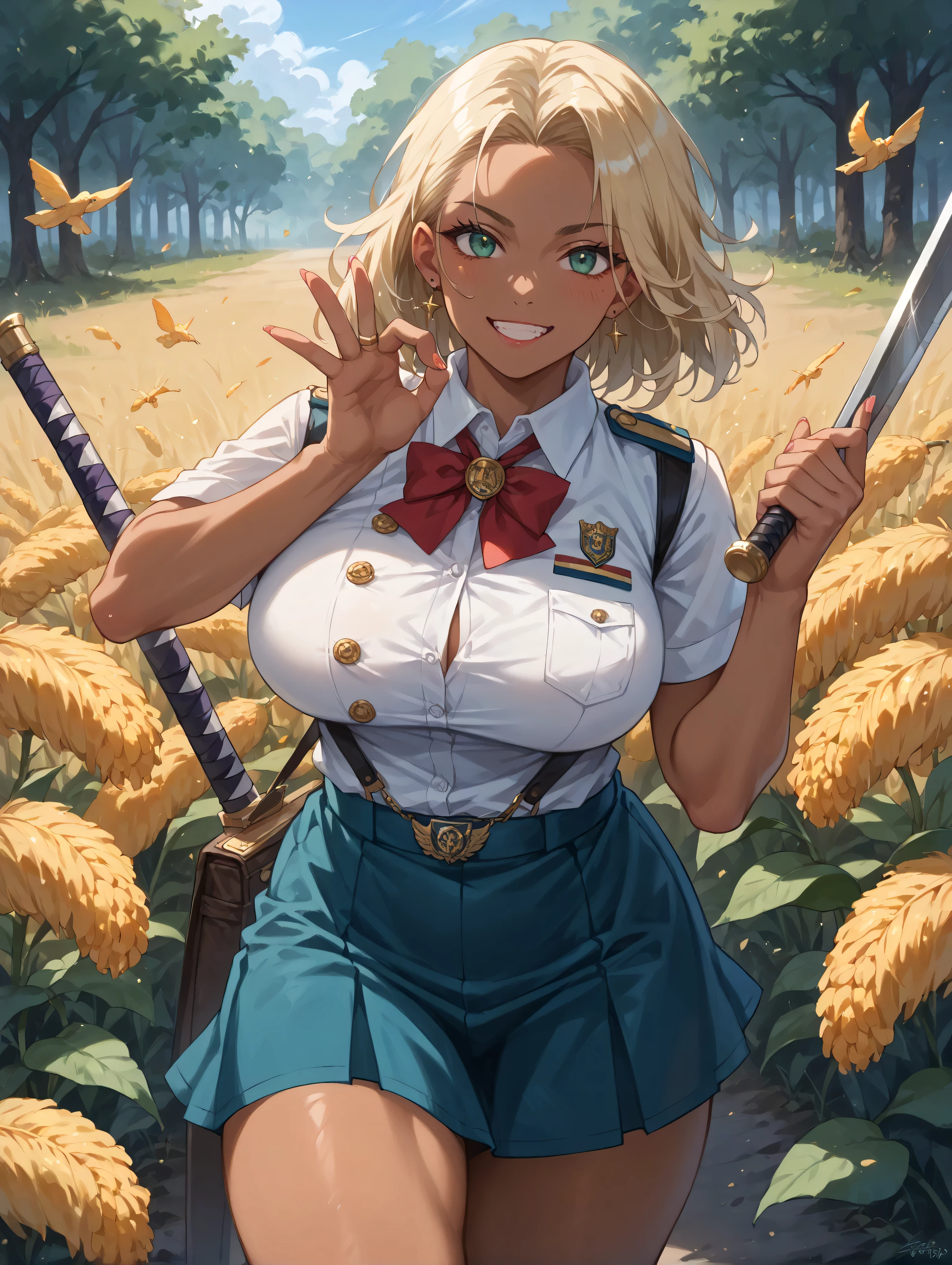 1 tanned JK gal swordsman,  uniform, , shoulder out, short skirt, Gesture of tapping on the shoulder with a sword,  expression, skin with a contrast between white and wheat, is cool&sexy vibe that emphasizes the toes, Yankee style with his uniform off