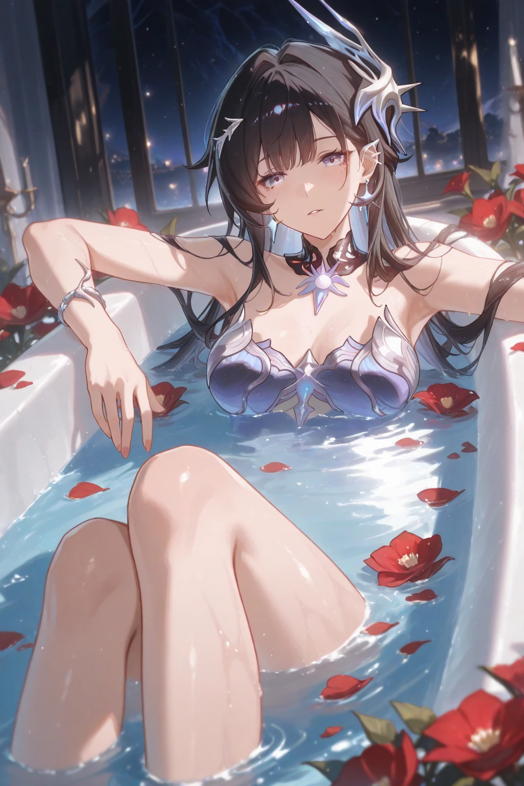 nsfw, ((1girl)), ((masterpiece)), realista, ((altamente detalhado:1.3)), Beautiful elf princess bathing in a marble bathtub, ((cabelo loiro muito longo)), cabelo molhado, wearing a pure bathrobe, banho vestido, marfim, Environment of the bathroom of the Royal Palace, vapor, Ornate marble bathtub, (rose petals floating in water:1.3), luz matinal, janelas, twilight lighting, dinamic pose, dinamic angle, anime style