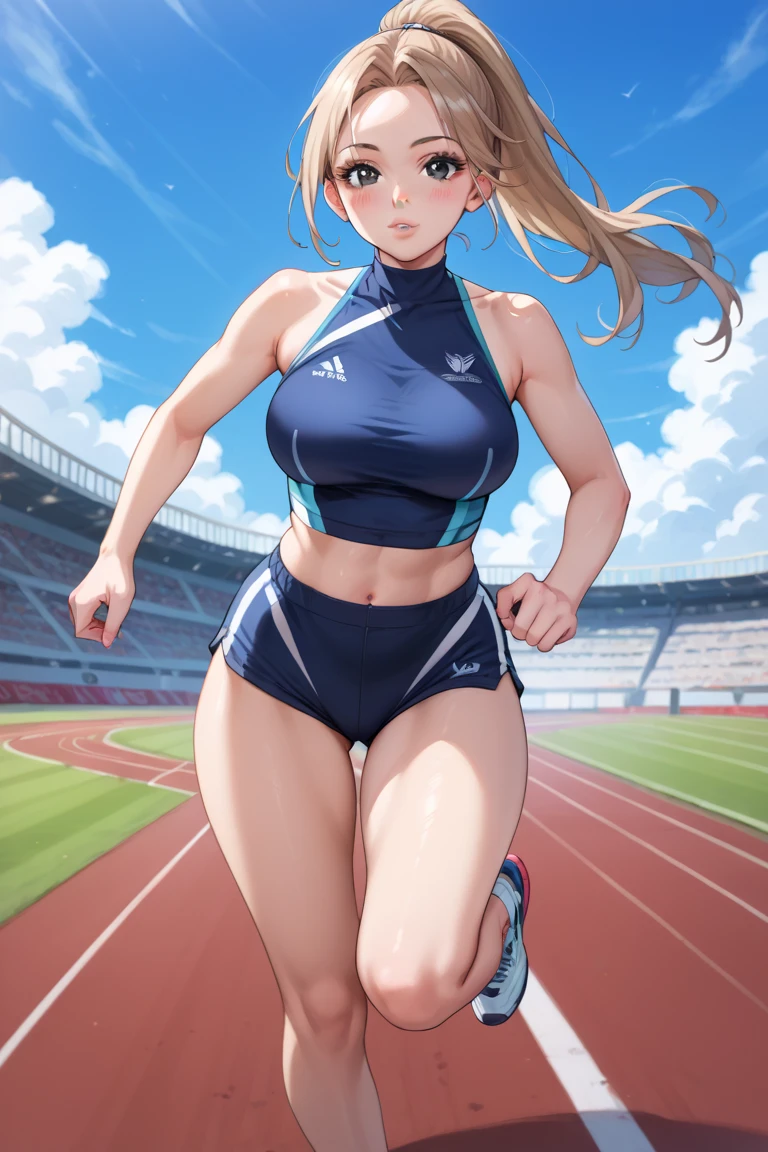 College athlete ((sexy and confident Woman)), slender but toned, (masterpiece, best quality), focused expression, (real picture, intricate details), (1 lady, solo, firm breasts, toned legs, athletic but feminine body), long ponytail, determined eyes, (tight sports bra, short running shorts, sleek sneakers), standing on a university track, (perspective slightly from below, emphasizing her strength and presence), poised to start running, one hand on the ground, (muscles subtly defined, not overly muscular), confident and intense, (university campus, track in the background, clear blue sky), Background: Vibrant and energetic scene, bright daylight, shadows adding depth, casual yet powerful atmosphere
