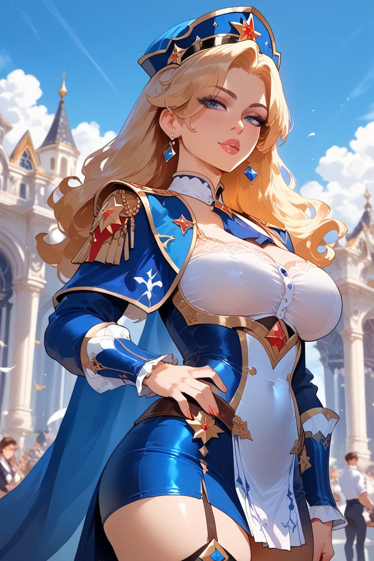 Lian, long white hair, hair stick, bangs, blue eyes, solo, smiling, standing, upper body, hips, bare shoulders,purple thighhighs, red dress, gold jewelry,armor,gloves,circlet, cleavage, red and gold royal castle, gigantic breasts, (best quality, masterpiece, beautiful and aesthetic:1.2, highest detailed face, perfect face,) eyes, perfect face,expressive eyes,
looking at viewer, in the center of the image,(Upper_body),(Focus on her face),
official art,extremely detailed CG unity 8k wallpaper, perfect lighting,Colorful, Bright_Front_face_Lighting,shiny skin,
(masterpiece:1.0),(best_quality:1.0), ultra high res,4K,ultra-detailed