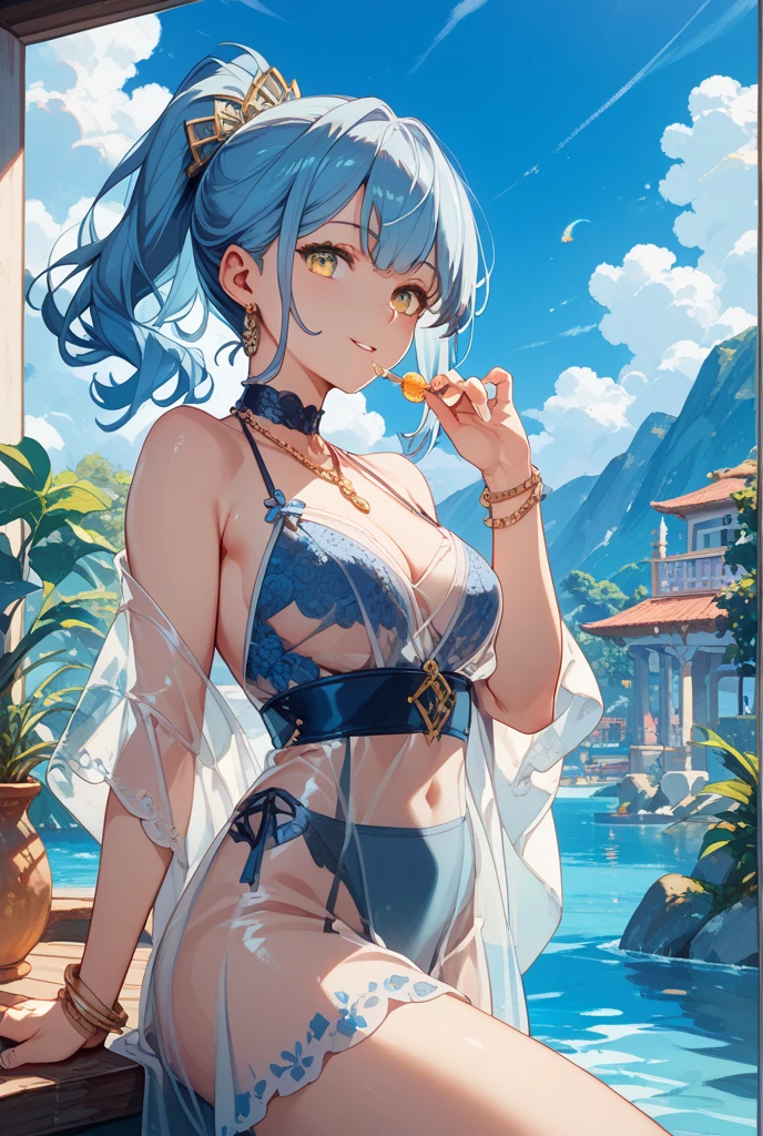 Feminization |Feminization|looking afar, sky-bluehair, transparent|transparent micro bikini, teacup|teacup, hanging eye corner|tsurime, thumb up|thumbs_up, dusk|dusk, lakeside,