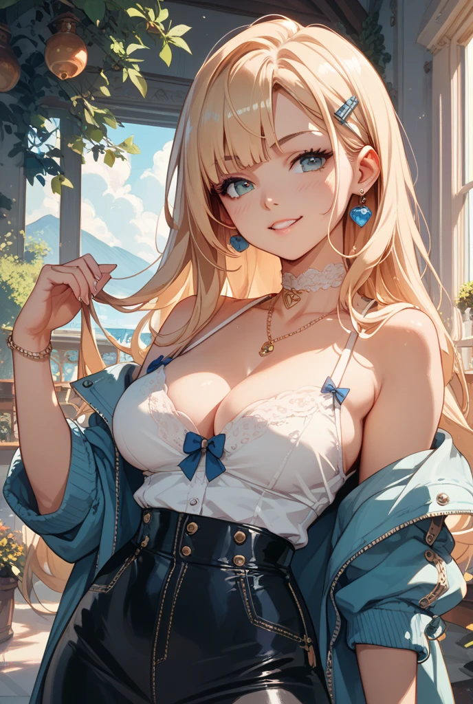 top-quality、Top image quality、​masterpiece、girl with((18year old、Best Bust、big bast,Beautiful blue eyes、Breasts wide open, a blond、A slender,Large valleys、White sweater with open chest、White pants、Spread your arms、dance)）hiquality、Beautiful Art、Background with((large shopping mall、Many galleries)))、,masutepiece、visualart、depth of fields、Shoujo manga style