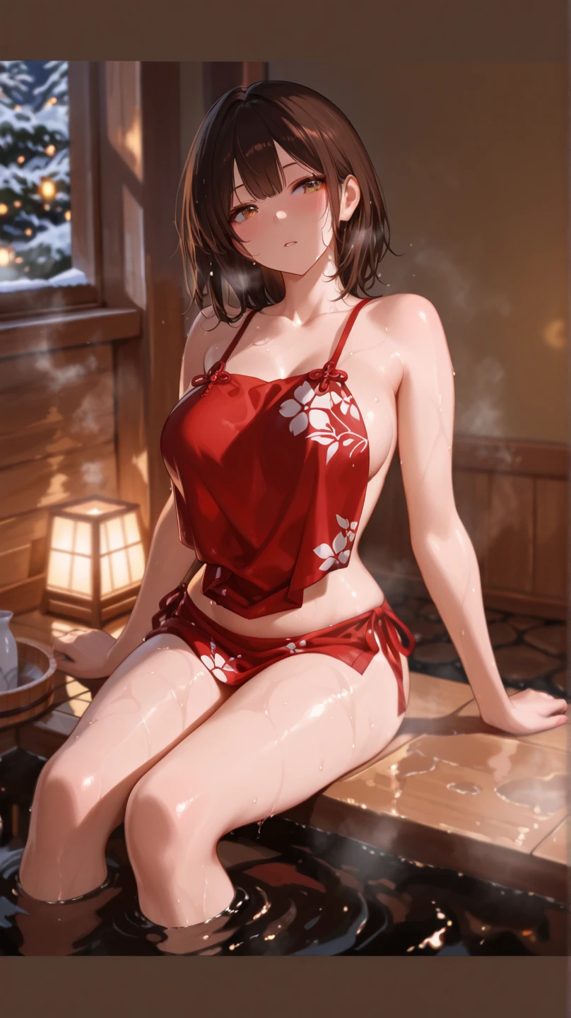 ((Masterpiece)), ((Best quality)), (perfect face), Young, nubile girl, obedient expression, wearing off shoulder 1 piece swimsuit, wearing open cup breast swimsuit, wearing open back 1 piece swimsuit, wearing ruffle 1 piece swimsuit,  wearing red and white swimsuit, wearing collar and leash, leashed to a chair, kneeling at a man's feet, in a kitchen