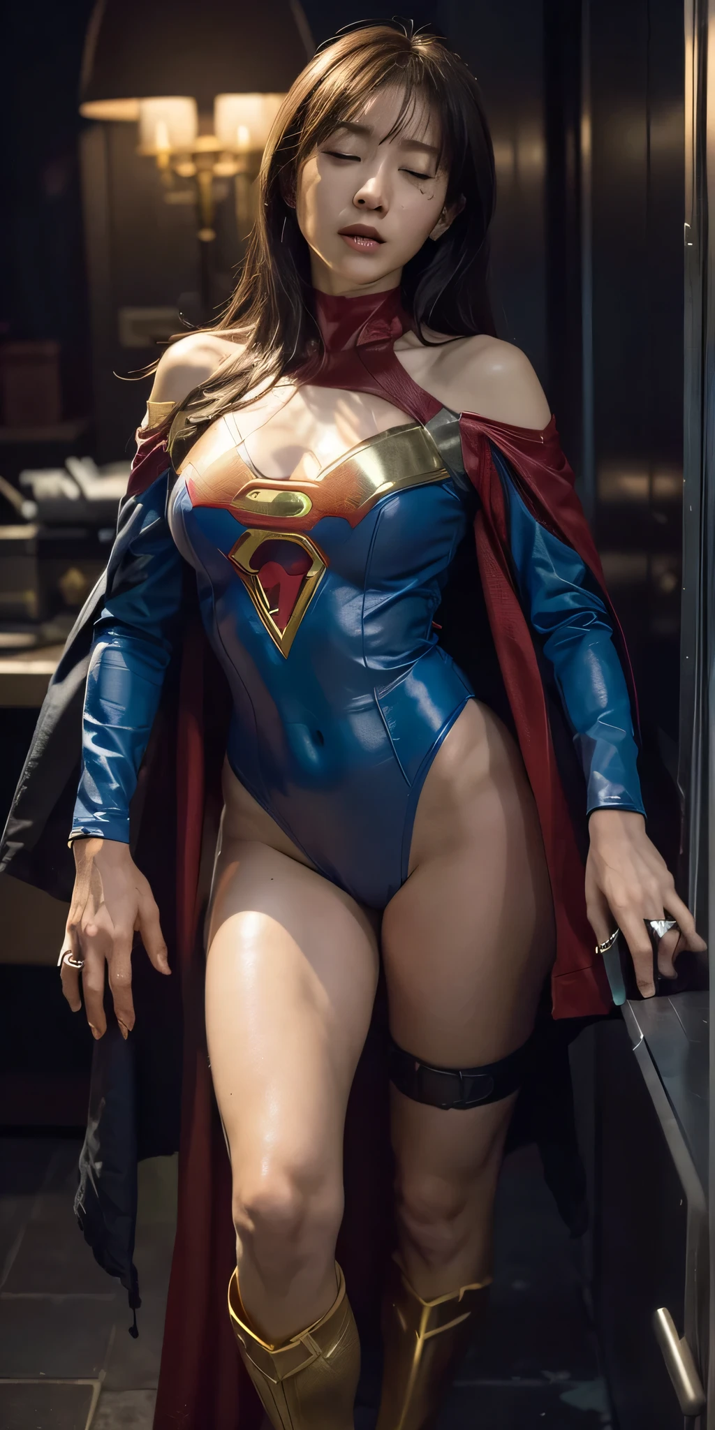 ((Wonder Woman is inside a furnace)), ((SUPERHEROINE Wonder Woman Weakly Standing)), (Wonder Woman is wearing stiletto high heels), (She's wearing starry blue lacy tights)), ((She's wearing the ball gag of the head harness)), (She's terrified), ((ela tem cabelo preto, ela tem cabelo longo)), ((She's wearing a thick metal necklace around her neck)). (obra-prima, melhor qualidade) 1.5, 1girl, sozinho, (sexy, mulher bonita, rosto perfeito, olhos perfeitos), corpo inteiro. ((She's dancing modern dance, She's wearing starry lace panties)), (she's drooling, tears streaming down her face, ela foi drogada). ((Shibari)), ((rope bondage)), ((arms behind back)), ((Totalmente amarrado)), ((Fortemente contido com cordas))