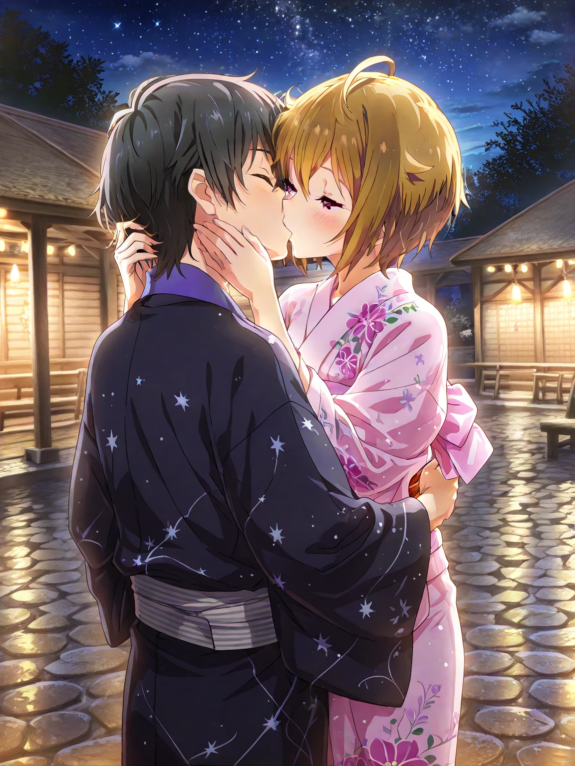 Inside,(night),Japanese-style room,On the futon,Rika Jougasaki,Yellow and orange hair hoop, yukata,undressing,blush,,blush,(naked),((Small breasts)), smile,spread her pussy,open vagina,spread legs,1boy,vaginal,sex,girl_on_top,straddling ,sit astride