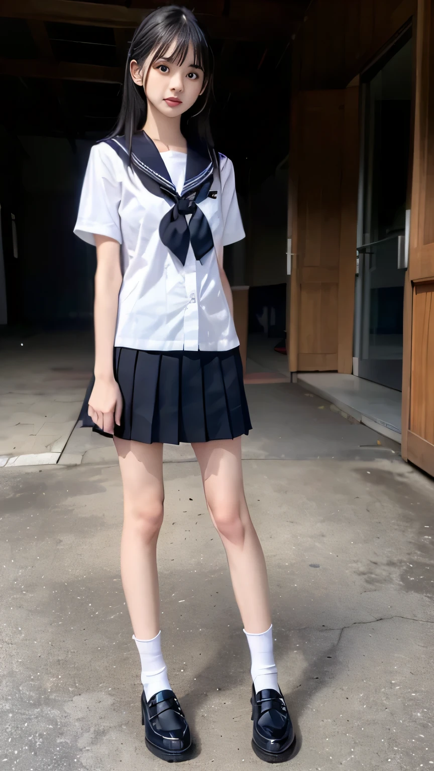 (masterpiece, best quality:1.2), (realistic,photo-realistic:1.4), RAW photo, highres, extremely detailed, intricate details, cinematic lighting, (angle from below), Indonesian face girl, wear skirt, Girl standing, open crossing leg, seeing panties on skirt, visible white panties, , (full body,loafers:1.5), large breasts, (fine fabric texture, white shirt, school bowtie, socks:1.2), detailed eyes, detailed face, fine-textured skin, pale skin.