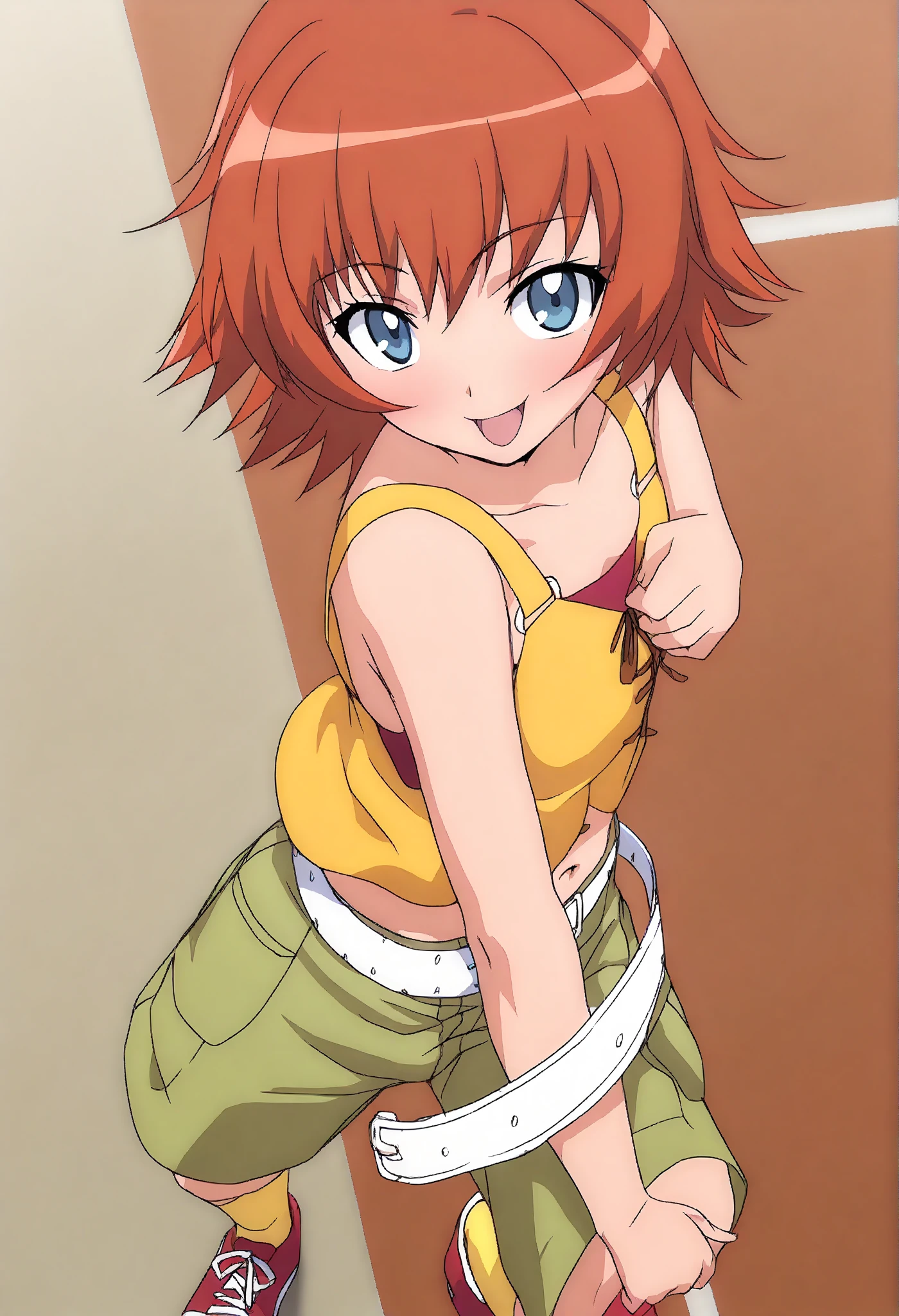 Colored female Saotome Ranma prototype, make a girl,Clear contours, Colorful full body photos, (Beautiful and delicate eyes), (pretty face:1.3), childish face, Red short hair with single ponytail, (Bangs), bumpy Bangs, blue gray eyes, big eyes,Large Breasts,Full body image, Fitted white long-sleeved shirt(細Floral及蕾絲邊),Yellow printed long skirt(actual:1.2),(Floral), (actual:1.7),Face the camera head-on,Bend one foot slightly against the calf of the other leg,Make a Y gesture with your hands。