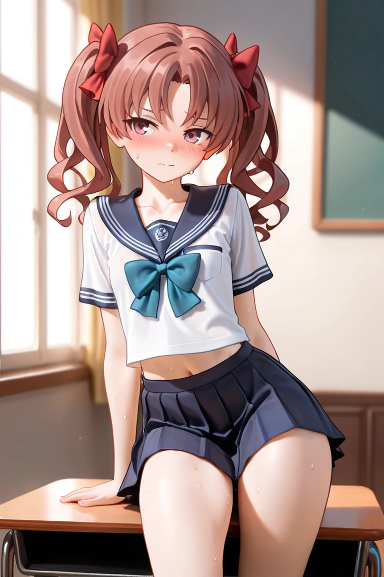 1girl,light brown hair, cornrows,school uniform, skirt lift,sexy purple panties,solo,blush,smile,smug,doyagao,hair between eyes