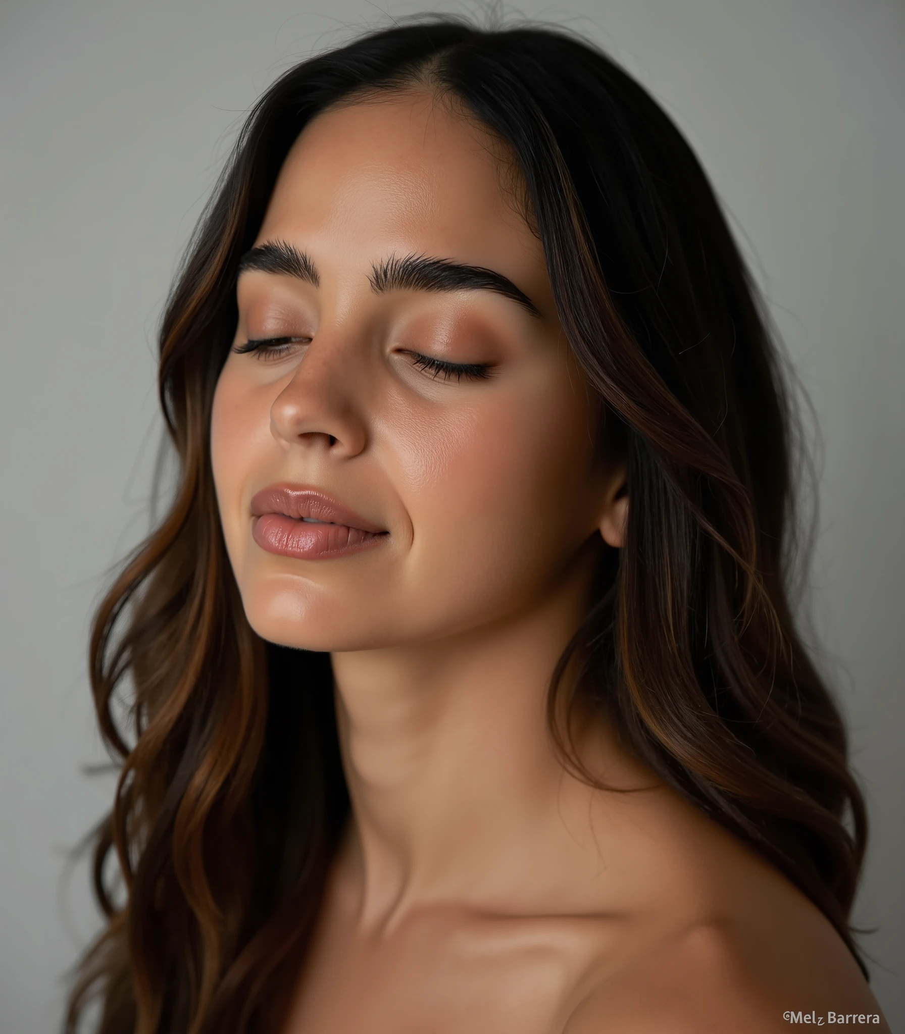 mel_barrera, A studio photography of a beautiful woman with her eyes closed, shot on sony a7riv camera, indoor, soft diffused studio lighting, minimalistic, photorealism, 4k resolution, ultra high quality, realistic proportions, low contrast, face focused, long hair