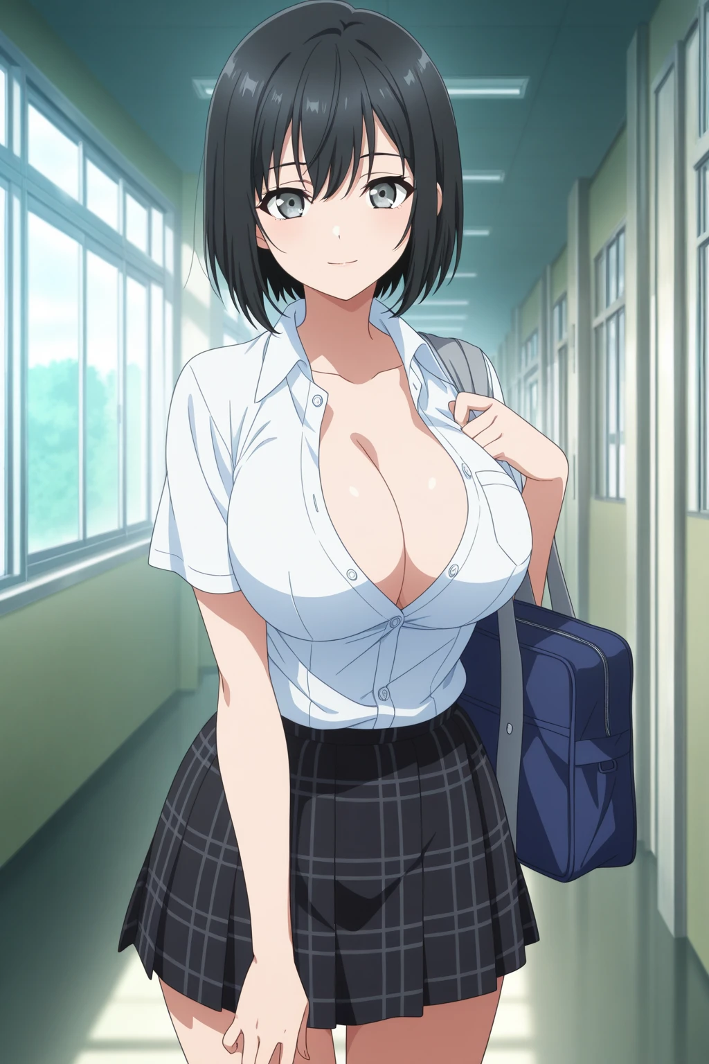 Anime style, Painting, absurderes、perfect anatomia、Fubuki , bra very、Bra visible from clothes、Braline、breastsout、long hair, Classroom、cleavage of the breast、鎖骨、desk、From above、medium breasts, on desk, pleatedskirt, School Desk, student clothes, see -through, The shirt, sitting on, Sitting on a desk, skirt by the, 独奏, thighs thighs thighs thighs, red blush, ssmile
