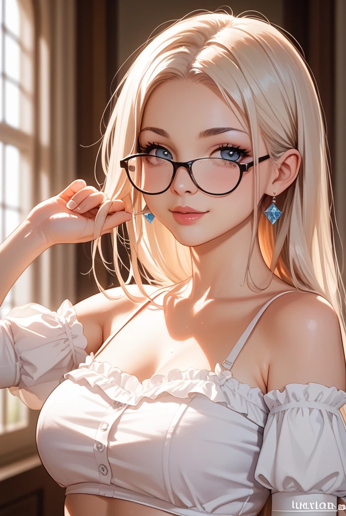 1girl, blonde hair, eyelashes, hair over one eye, blue eyes, big lips, ultra-detailed, high quality, highres, absurdres, best quality, best quality, large breasts, long hair, bright pupils, tall female, pink lips, extremely detailed, large breasts, full body, huge tits, raised chest, library, glasses