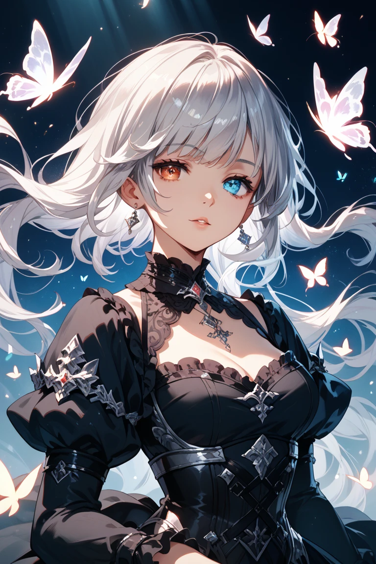 ((Masterpiece, Superb, Super Detailed, High Resolution)), solo, beautiful girl, sparkling eyes, perfect eyes, 15 years old, black and white gold theme,