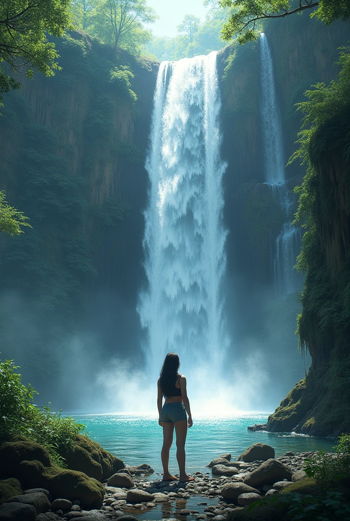 there is a woman in a bikini standing in front of a waterfall, a picture by david rubín, unsplash, figuration libre, Bathing in the waterfall, standing in a waterfall, in a waterfall stehen, play in waterfalls, under a waterfall, in a cave with waterfall, Under waterfall, standing in front of a waterfall, in a waterfall, with a waterfall